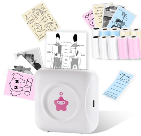vretti Mini Drucker, TP2-Y Thermodrucker, Aufkleberdrucker für Smartphone | Fotodrucker mit 10 Etikettenrollen, Tragbarer Taschendrucker für Geschenke, Studiennotizen, Anatomische Diagramme, Fotos,Rosa