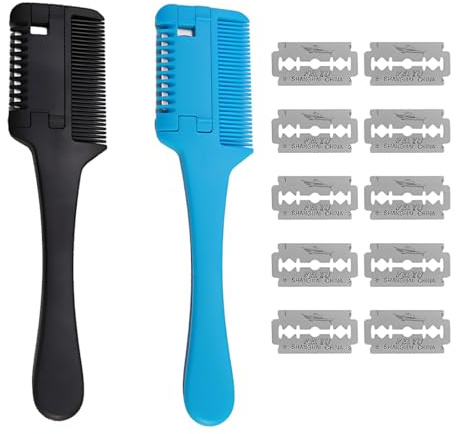 Peine de corte profesional, Kit de Peine para Adelgazar el Cabello de 2 Piezas, herramienta de corte de pelo de doble cara con 10 cuchillas de repuesto para adultos, niños, corte de pelo en casa