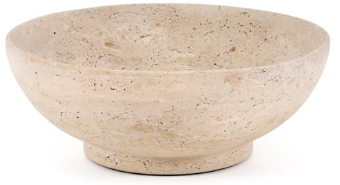 Marmorfruktskål 25 cm handgjord stor dekorativ skål för köksbänk - Modern travertin serveringsskål för frukt och snacks - Piedestalskålar för matsal och soffbordsdekor (Travertine)