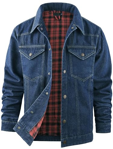 Mr.Stream Truckerjacka för män, denimjacka, herr, västerländsk cowboy pläd, flanellfodrad, tvättad snäpp, jeansjackor, vintagestil, kappor, Mörkblått, XXL