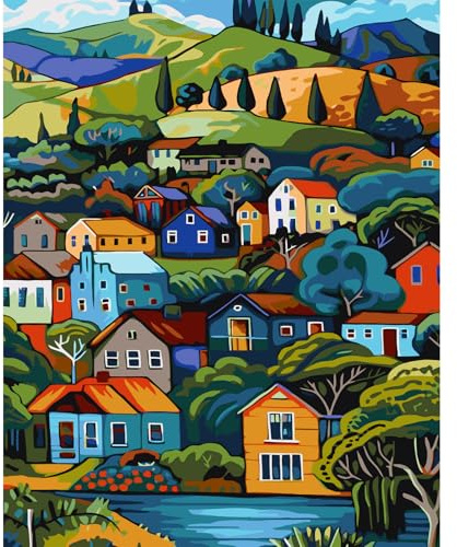 JATOK Paint by Numbers for Adults, Village, 40 x 50 cm, Unframed | clear-symbol pre-printed canvas, acrylic painting kit, beginner DIY craft, unframed wall décor, 16 x 20 in