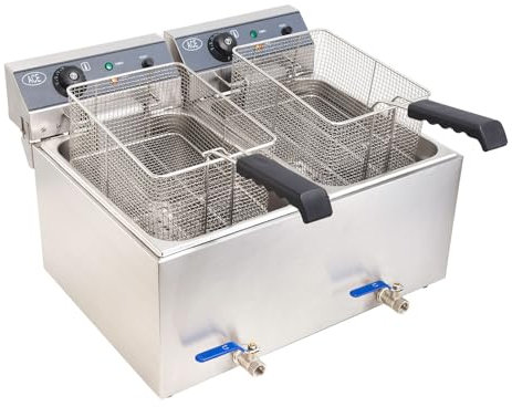 PGKTKCWH HAKKA Commercial Double Deep Fat Fryer with Drain Tap, Twin Tanks 17Lx2 Large Electric Chip Fryer with 2 Baskets &Lids, Temperature Control Stainless Steel Frying Machine (240V 6000W)