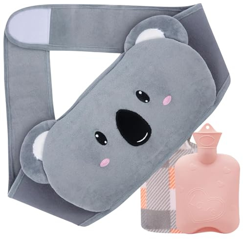 Hot Water Bottle with Belt, 120 cm Wearable Hot Water Bottle 1L with Soft Cover Koala Hot Water Belt for Neck, Shoulder, Waist, Back, Legs Warm and Period Pain Relief