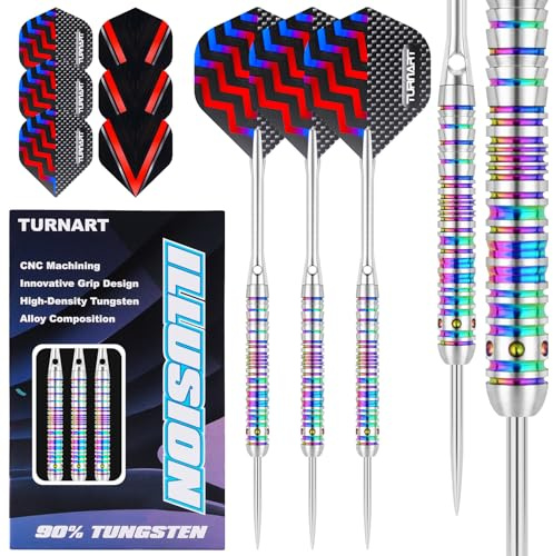 Turnart Dartpfeile Metallspitze 90% Tungsten 3 Stück 22,24,26 Gramm Professionelles Wolfram-Steeltip-Dart-Set Dart professionelle Stahlpfeile mit Metallspitzen mit Flights, Schäften (Farbenfroh, 22G)