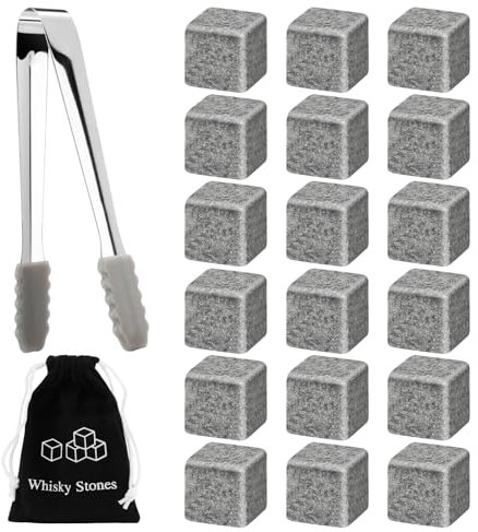 18 Pièces Whisky Pierres Ice Cubes, Whiskey Pierres Granite Set avec Sac en Tissu et Clip à Glace, Pierres à Refroidir les Boissons à Vin, Cadeaux pour Hommes et Mari, Noël Anniversaire Fête des Pères