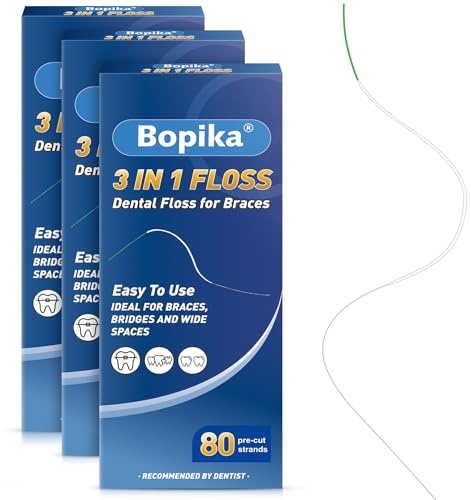 Bopika Dental Floss for Braces, 3 in 1 Ultimate Floss, Floss Threaders for Bridges and Implants, 80 Pre-Cut Strands (Pack of 3)