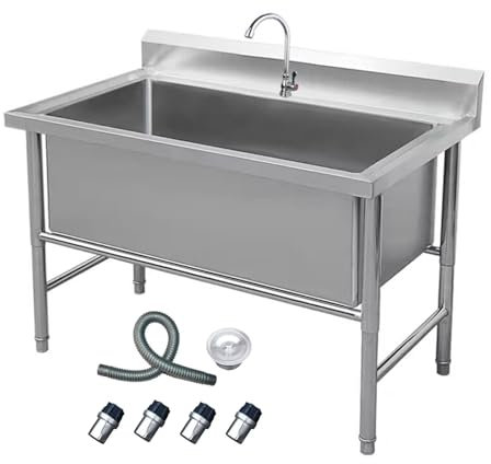 Edelstahl Gewerbliche Spüle,Küche Edelstahlspüle,Freistehende Einzelspüle Ablassvorrichtung Mit Halterung Und Ein Abtropfkorb,für Außen, Innen, Küche, Restaurant(120cm/47.2 inches)