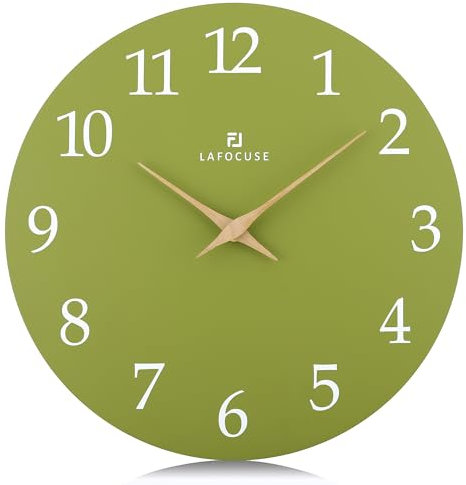 Lafocuse 30cm Horloge Murale Vert Olive Bois Silencieuse, Design Moderne Pendule Murale Facile à Lire, sans Tic Tac Décoration pour Salon Cuisine Chambre Bureau