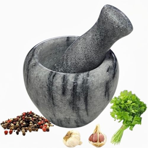 DAMOEX Mortier et pilon de marbre, moulin en pierre pour épices, herbes, ail, café et fruits secs Intérieur texturé pour broyage efficace, facile à nettoyer (gris, 9 x 12)