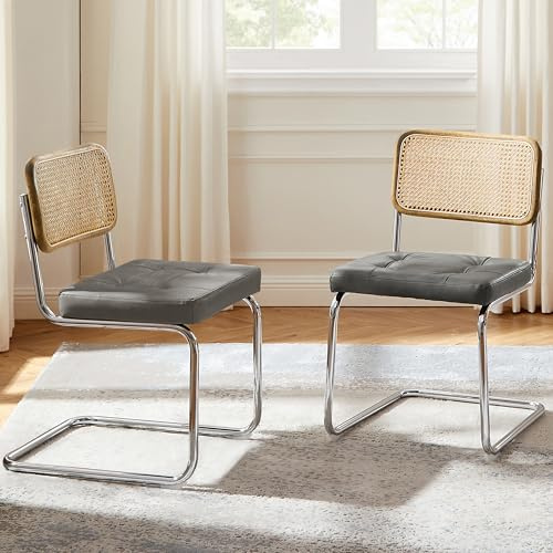 Zouron Schwingstühle 2er Set Grau - Besucherstuhl mit Eichenholz, Freischwinger Stühle, Grau Kunstleder Rattanstühle, Esszimmerstühle Geflecht-Stuhl Dining Chair, Polsterstuhl Chrom Metallbeine