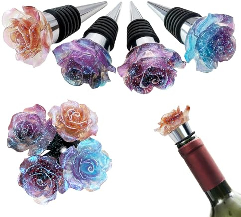 Daily Treasures 4 Pack Rose Wine Stoppers,Gradient Color Alloy Bottle Stoppers for Wine Bottles,Reusable Champagne Saver Sealer for Most Wine Bottles Beverage Beer Spirits Collection(Purple,Blue,Pink)