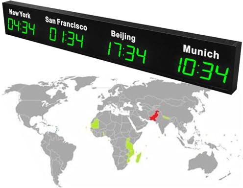 Orologio digitale a LED con display a parete, per fusi orari multipli, ideale per hotel e uffici multinazionali