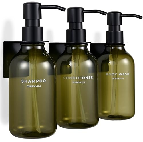 MaisoNovo Schampo- och balsamdispenser set med 3-500 ml grön duschgeldispenser väggmonterad med svarta pumpar – borrfri säker montering