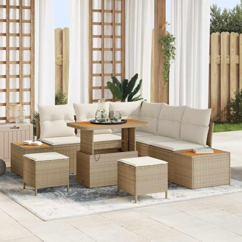 Teenpull Garten-Sofa-Set mit Kissen, Beige Poly Rattan, 8-teiliges Loungeset für 5 Personen, modulares Outdoor-Sofa mit Stauraum, UV-beständig