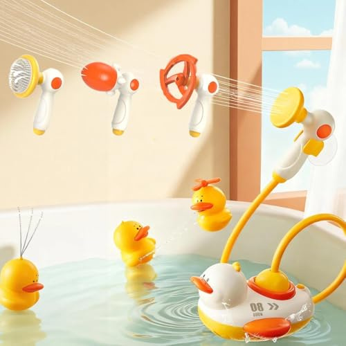 WRQIOO Baby Bath Shower Head, Toddler Bath Toys Ducks with 4PCS Replaceable Spraying Sprinkler, 3 Modes Water Spray, Sprinkling B-ath Ducks with 3 Du-cks for Girls and Boys 1 2 3 Year Olds
