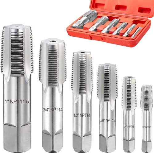 Toolwiz 6Pcs NPT Pipe Tap Set, 1, 3/4, 1/2, 3/8, 1/4, 1/8 Professional Taps Kit, Pipe Thread Cutting Tool with 4-Straight Flute Cutting Design, Alloy Steel NPT Tap Set with Storage Case