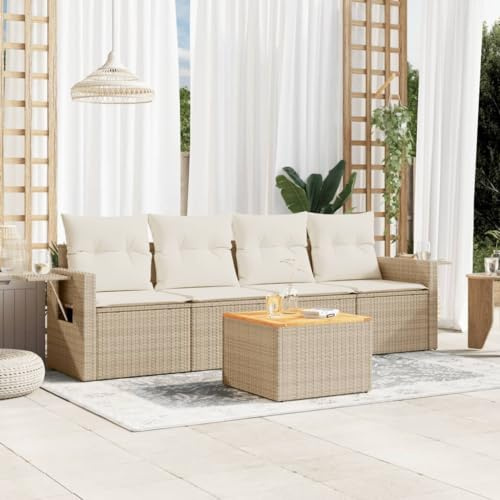 Teenpull 5-TLG. Trädgårdssoffa med kudde beige poly rotting, modulärt utomhusmöbelset för terrass balkong, väderbeständig loungesoffa med förvaringsutrymme