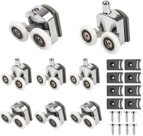 8 PCS Curved Shower Door Rollers, 23mm Replacement Wheels with Anti-Collision Block and Screws, Chrome Bathroom Glass Door Rollers for Bathroom Showerroom Doors