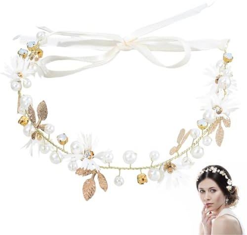 CABODYALS Bandeau à Cheveux Fait Main avec Perles et Marguerites Ornement de Tête Fleuri pour Femme Bandeau de Princesse Perles de Cristal Blanc Antique et Perles Dorées Accessoire de Coiffure pour la