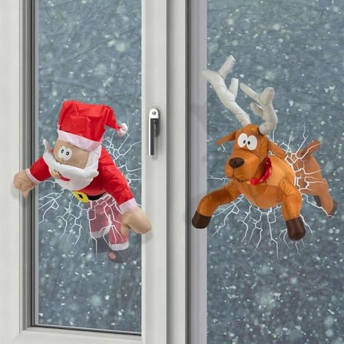 Crashing Santa Reindeer Animated Christmas, humorvolle Dekoration mit Rentier und zerbrochenem Glas, animierter Weihnachtsmann mit Füßen, mit zerbrochenem Glaseffekt, Weihnachtsfenster-Deko (A+B)