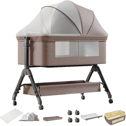 Doraystar Beistellbett Baby mit Rollen, Co-Sleeping Babybett, Faltbar Convertible Stubenwagen Baby Kleinkind Wiege (X3 Khaki)