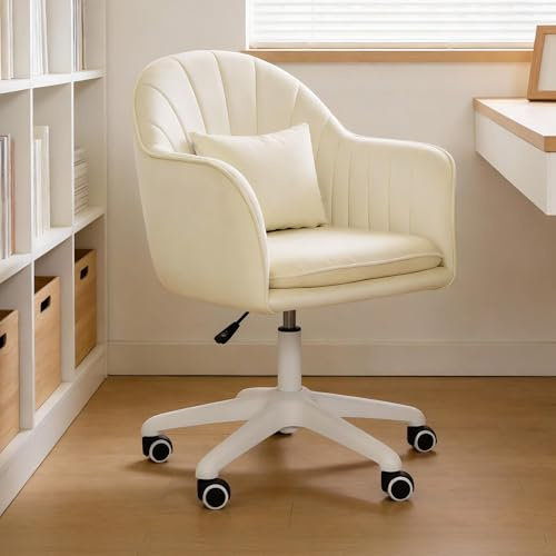 Fanerody Ergonomischer Bürostuhl, 360°Drehstuhl mit Kopfkissen, Höhenverstellbarer Schreibtischstuhl, Schminkstuhl mit Leisen Rollen für Studierzimmer Wohnzimmer, Stuhl bis 250 Pfund Belastbar, Beige