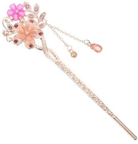 PartyKindom Chinese Traditional Floral Hair Sticks Set Gemstone Double Flower Hair Chopsticks for Buns Purple Antique Style Hairpin Accessories