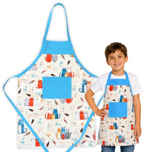 HOUSE ART LIFE Kinderschürze mit Tasche - Baumwoll Kochschürze für Jungen und Mädchen, ideal zum Malen Kochen Backen Spielen, Geschenk für Kinder, Viele bunte Muster