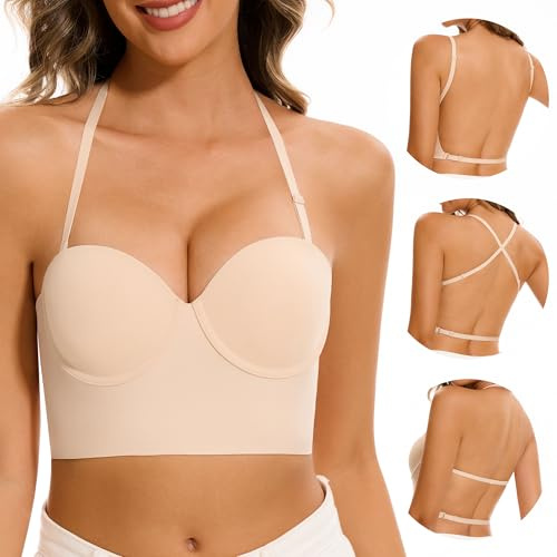Low Back Bra for Women-Seamless Demi Balconette Invisible Backless Bra | Lightly Lined Underwire Multiway Halter Bra, Low Cut Open Back, Clear Back, Ideal for Backless or Low-back Dresses