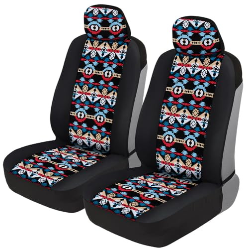 BDK Aztec Pattern Car Seat Covers for Front Seats, 2-Pack Geometric Print Front Seat Cover Set with Matching Headrest, Sideless Design for Easy Installation, Universal Fits Most Cars Trucks Vans SUVs