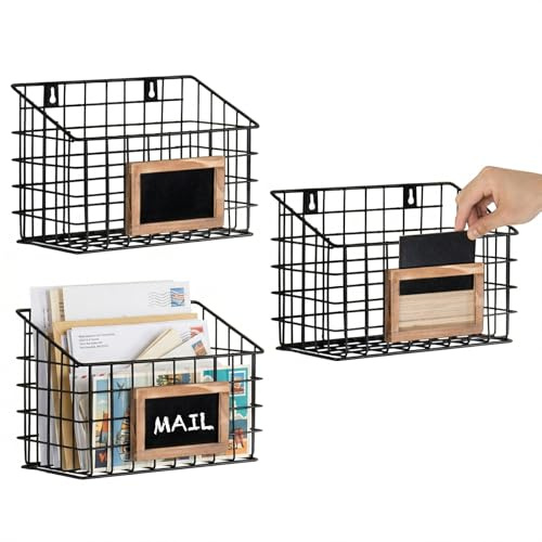 MyGift 10 Inch Wall Mounted Matte Black Metal Wire Storage Baskets with Chalkboard Labels, Small Hanging Organizer Bins for Home Entryway Kitchen Pantry Closet, Set of 3