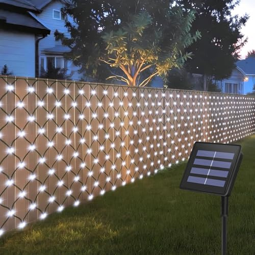 Solar Net Lights Outdoor 1.5M x 1.5M 100 LED Green Wire with 8 Modes | Auto On/Off Mesh String Lights for Garden Fence Wedding Party Yard Window Decor (Cool White)