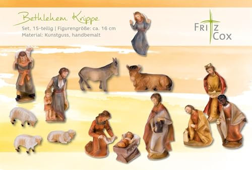 Fritz Cox Bethlehem Krippen Set, 17 teilig, handbemalt, im Geschenkkarton