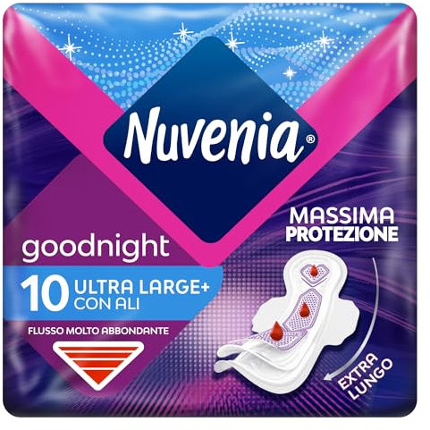 Nuvenia - Assorbente Ultra Notte con Ali - Superficie Traspirante e Assorbenza Rapida - Confezione da 10 Assorbenti