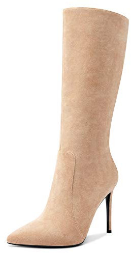 Castamere Moda Stivali Alti Ginocchio Cerniera Donna Tacco a Spillo 10CM Alto Tacco Marrone Scamosciato Scarpe EU 35