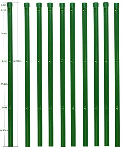 EXCOLO 10er-Set Metall-Zaunpfosten Ø34 mm, 2,0 m, pulverbeschichtet moosgrün RAL 6005, inkl. 3 Spanndrahthalter & Pfostenkappe, zum Einbetonieren – für Maschendrahtzäune bis 1,5 m Höhe