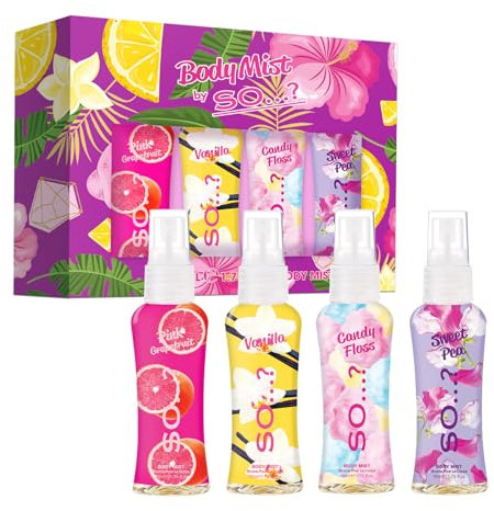 Body Mist By So…? Womens Mini Body Mist Gift Set, with Pink Grapefruit, Vanilla, Candy Floss & Sweet Pea, Fragrance Spray Set (4x50ml)