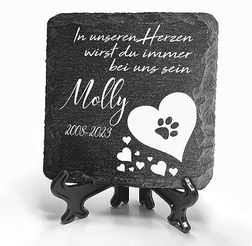 TULLUN Individueller Personalisiert Natürlich Tiergrabstein Schiefer Gedenkstein + Ständer für Hund, Katze, Kaninchen und andere Haustiere - Größe 10 x 10 cm - Weißes Herz