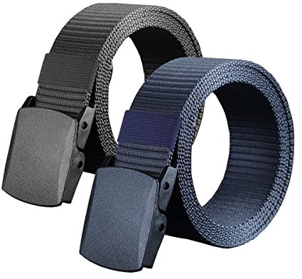 Heshebuy 2 Pieces Nylon Canvas Belt for Men and Women Commuter All-match Automatic Buckle Belt Outdoors, Military Tactical Belt For Leisure Sports (Black+Navy Blue)