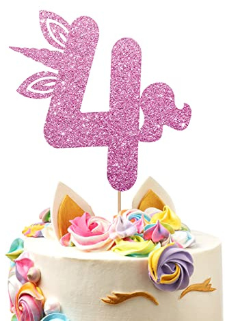 Unicorn 4th Birthday Cake Topper, Four Cake Topper, Magic Cake Decor, Baby Girl Birthday Party Decoration - Pink Glitter