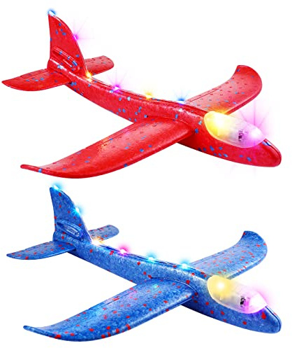 TOYANDONA 2 Pack Foam Airplane Toys, Large Throwing Foam Plane, LED Light Glider, Flashing Glider, Flying Toys for Kids, Outdoor Toy Birthday Party Favors