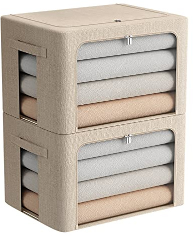 FHSQX 2 Pack Clothes Storage Bins Stackable Metal Frame Storage Box Foldable Linen Fabric Box Organizer with Carrying Handles and Clear Window (Beige, 15.7x 11.8x 11.7 Inch)