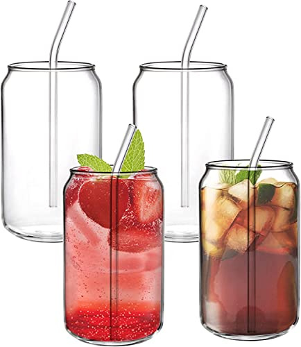 Jucoan 4 Pack 14oz/400ml Can Shaped Glass Cups with 4 Glass Straws, Reusable Cold Drinking Glasses, Cute Transparent Tumblers for Beer, Iced Coffee, Cocktails, Juice, Cola, Soda, Smoothies