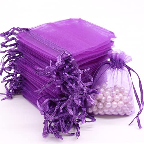 Leeyunbee 100 Stück Lila Organzasäckchen 7 x 9 cm, Organzabeutel | Satin-Kordelzug, Säckchen zum Befüllen, für Geschenk Schmuck Lavendel, für Hochzeit Festival Party Geburtstag Weihnachten