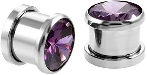 Lieson Ohrring Tunnel Piercing, 2 Stück Tunnel Set Chirurgenstahl Einfach Lila Zirkonia 8mm Tunnel Silber