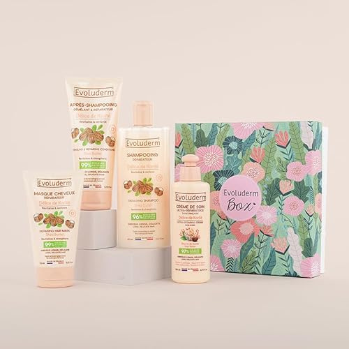 EVOLUDERM - Coffret cadeau Femme - Soins Cheveux au Beurre de Karité - 4 produits - Idée Cadeau - Coffret cadeau Noël-Coffret Anniversaire - Fête des Mères - Fabrication Française (Jungle)