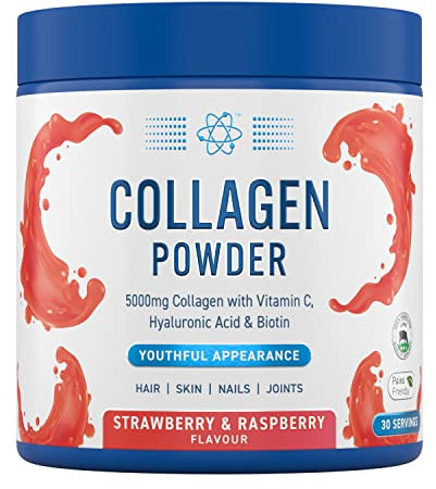 Applied Nutrition Collagen Powder - Strawberry & Raspberry Flavour - 5000mg Hydrolysed Bovine Flavoured Collagen Peptides with Vitamin C, Hyaluronic Acid & Biotin (165g - 30 Servings)
