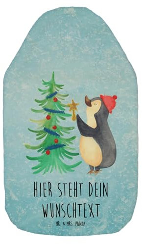 Mr. & Mrs. Panda Personalisierte Wärmflasche Pinguin Weihnachtsbaum - Eisblau