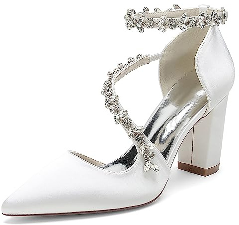 Chaussures de Mariée Blanche, Chaussures de Mariage pour Femme Fermé Pointu Bout Escarpins, Escarpins Femme Talon Carré,Blanc,40 EU