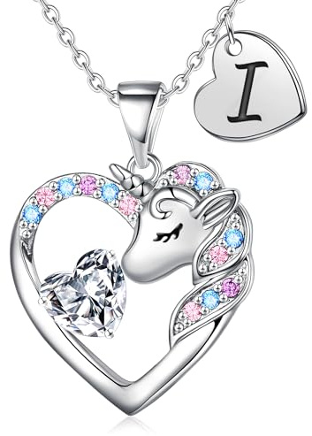 TINGN Einhorn Geschenke für Mädchen - Einhorn Halskette für Mädchen 14 Karat Vergoldet Einhorn Kette Kinder Herz Halskette mit Buchstaben Kette Mädchen Schmuck Geburtstagsgeschenk für Tochter